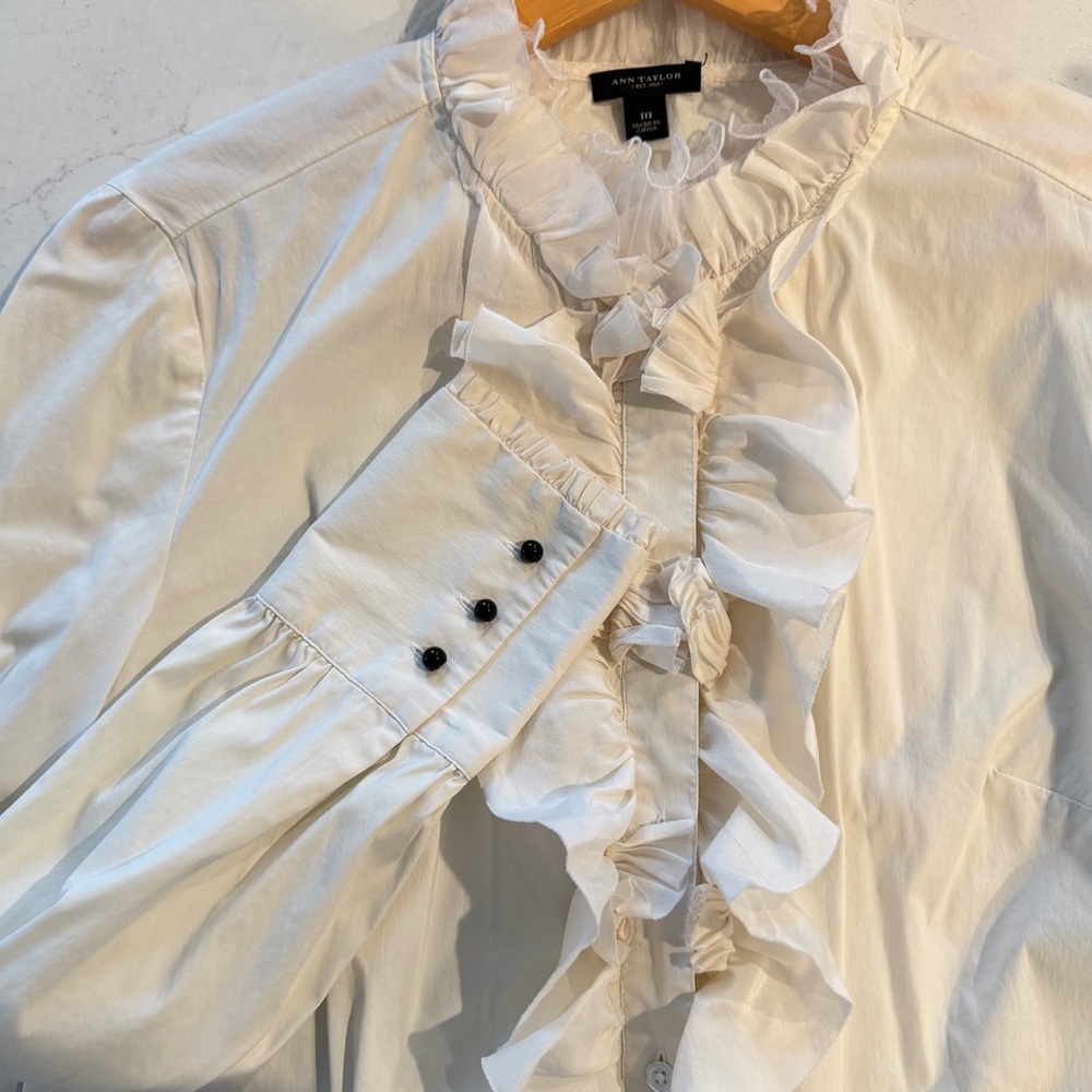Ann Taylor Cream Ruffled Blouse with Black Accents